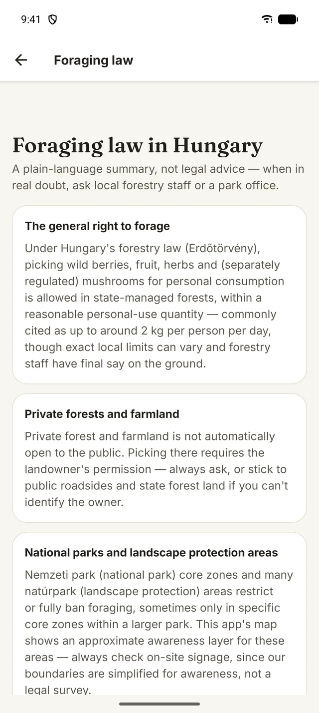 Foraging law in Hungary: the general right to forage, private forests and farmland, national parks.