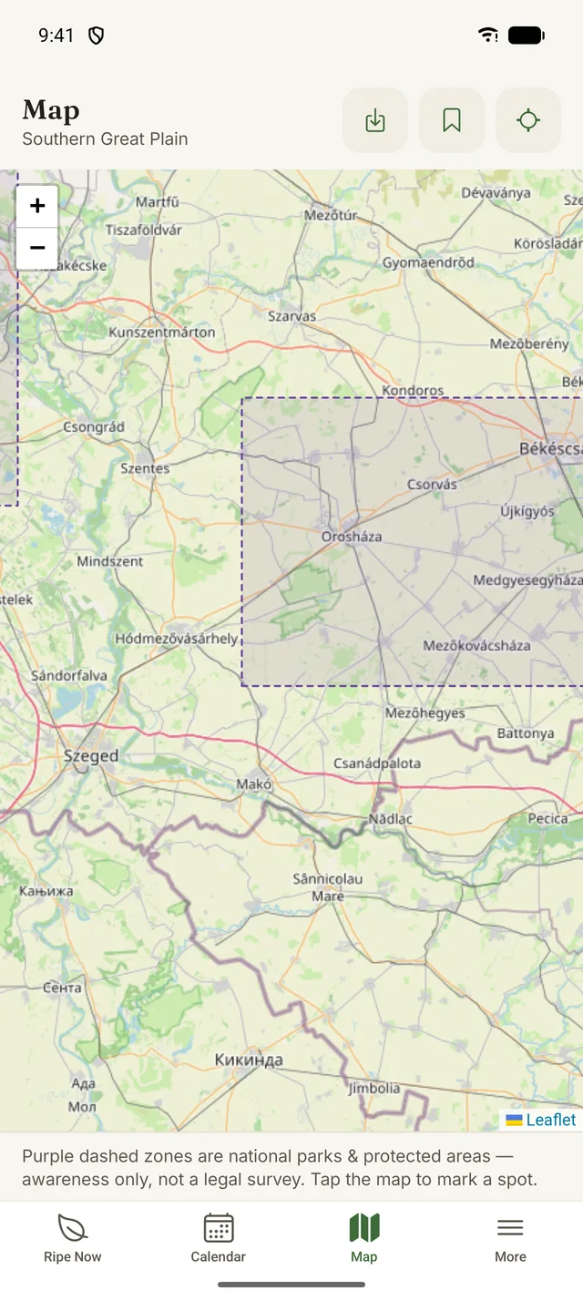 Map of the Southern Great Plain with a protected area outlined in purple dashes.