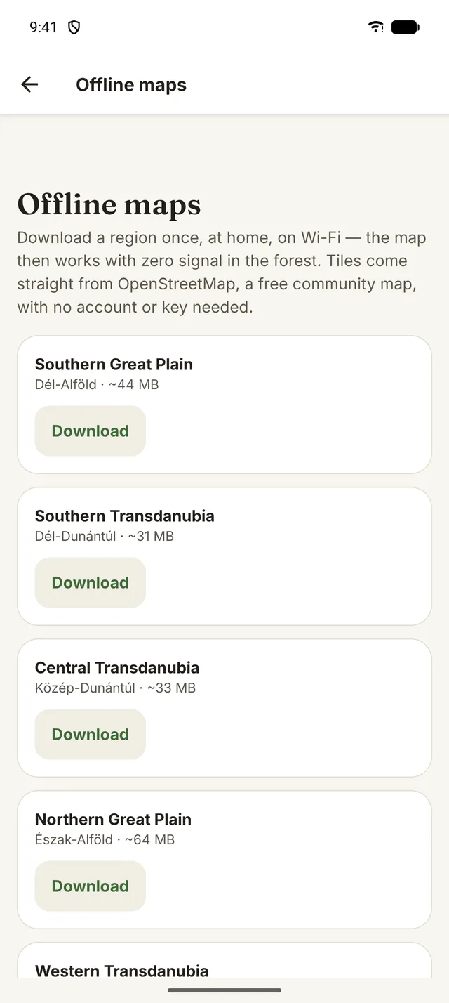 Offline maps screen with a download button and size for each region.